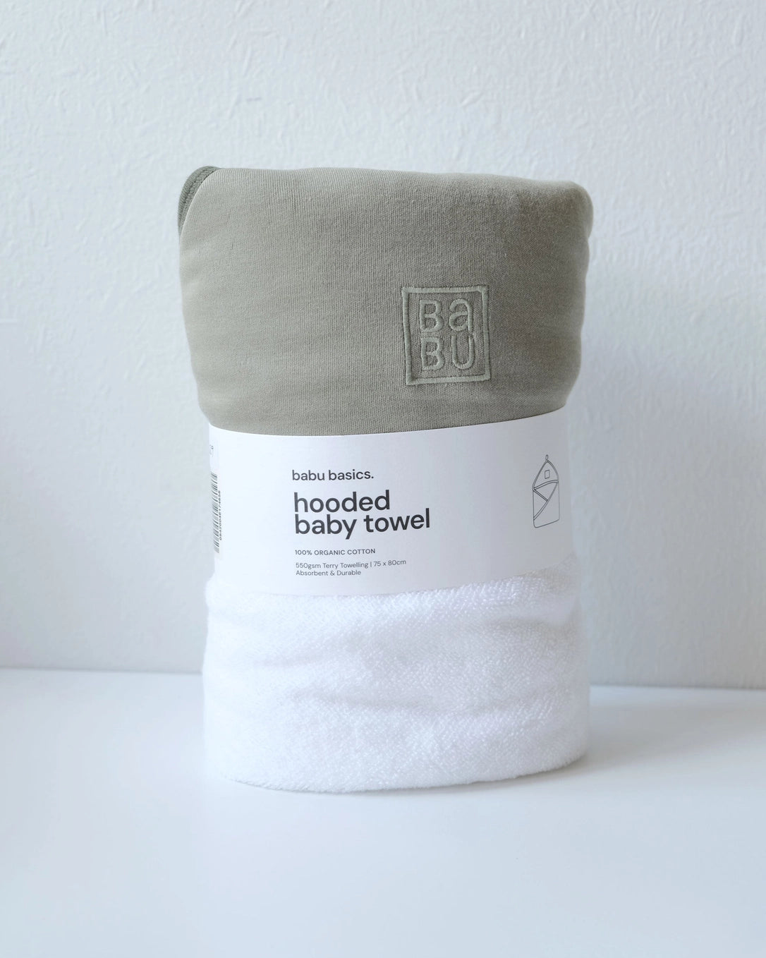 Terry Hooded Baby Towel - Sage with Moss Trim