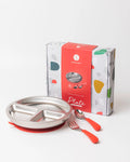 18/8 Stainless Toddler Plate with silicone suction base, spoon and fork: Fuchsia Pink