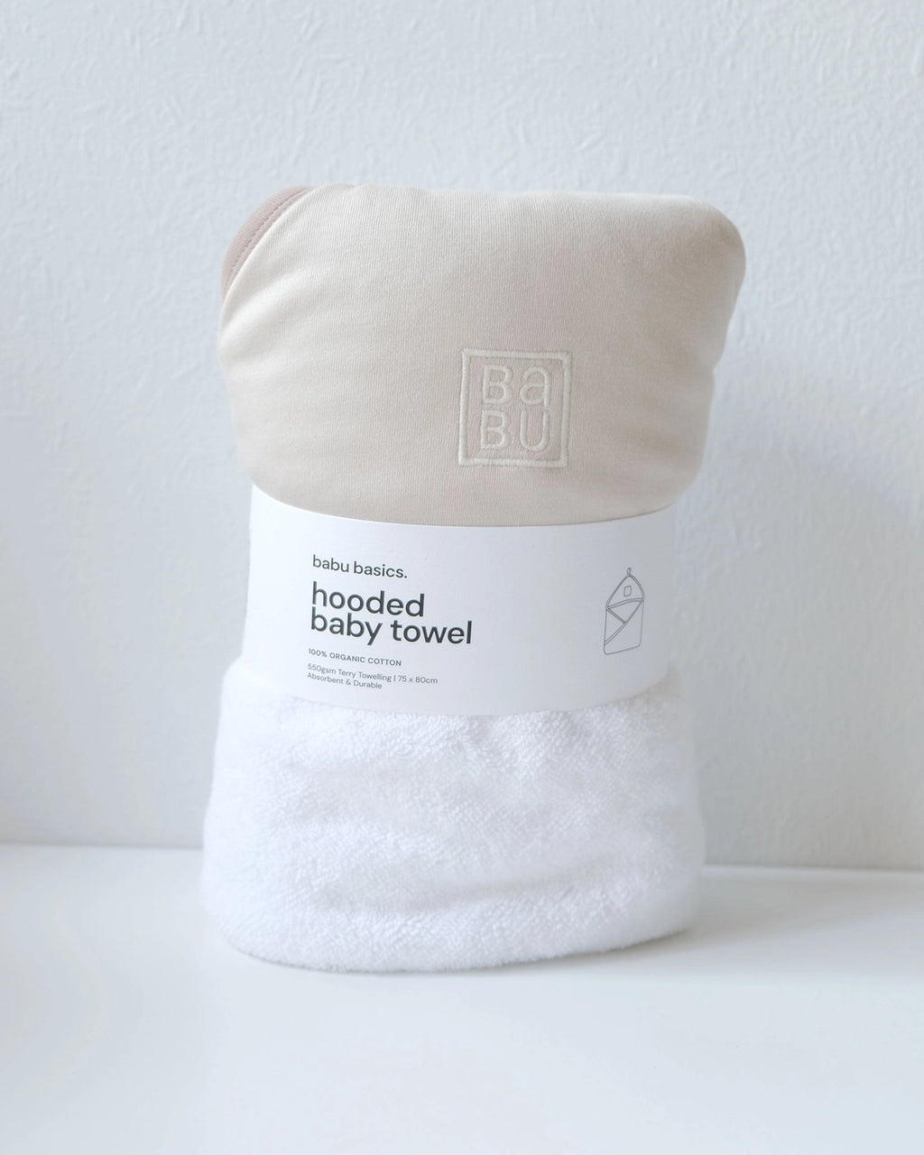 Terry Hooded Baby Towel - Oat with Walnut Trim