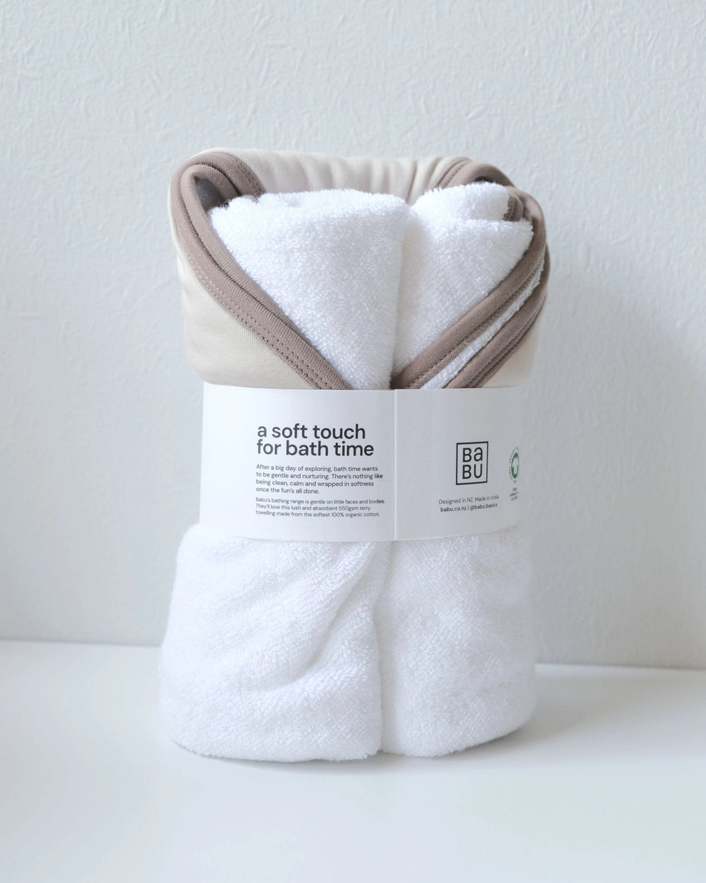 Terry Hooded Baby Towel - Oat with Walnut Trim