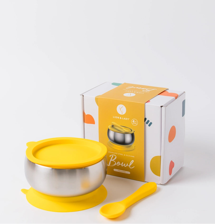 18/8 Stainless Steel Feeding Bowl with silicone suction base: Buttercup Yellow