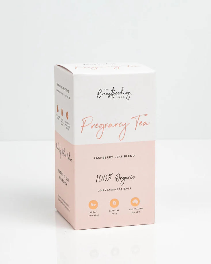 Box of pregnancy tea with branding on a white background