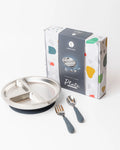 18/8 Stainless Toddler Plate with silicone suction base, spoon and fork: French Navy