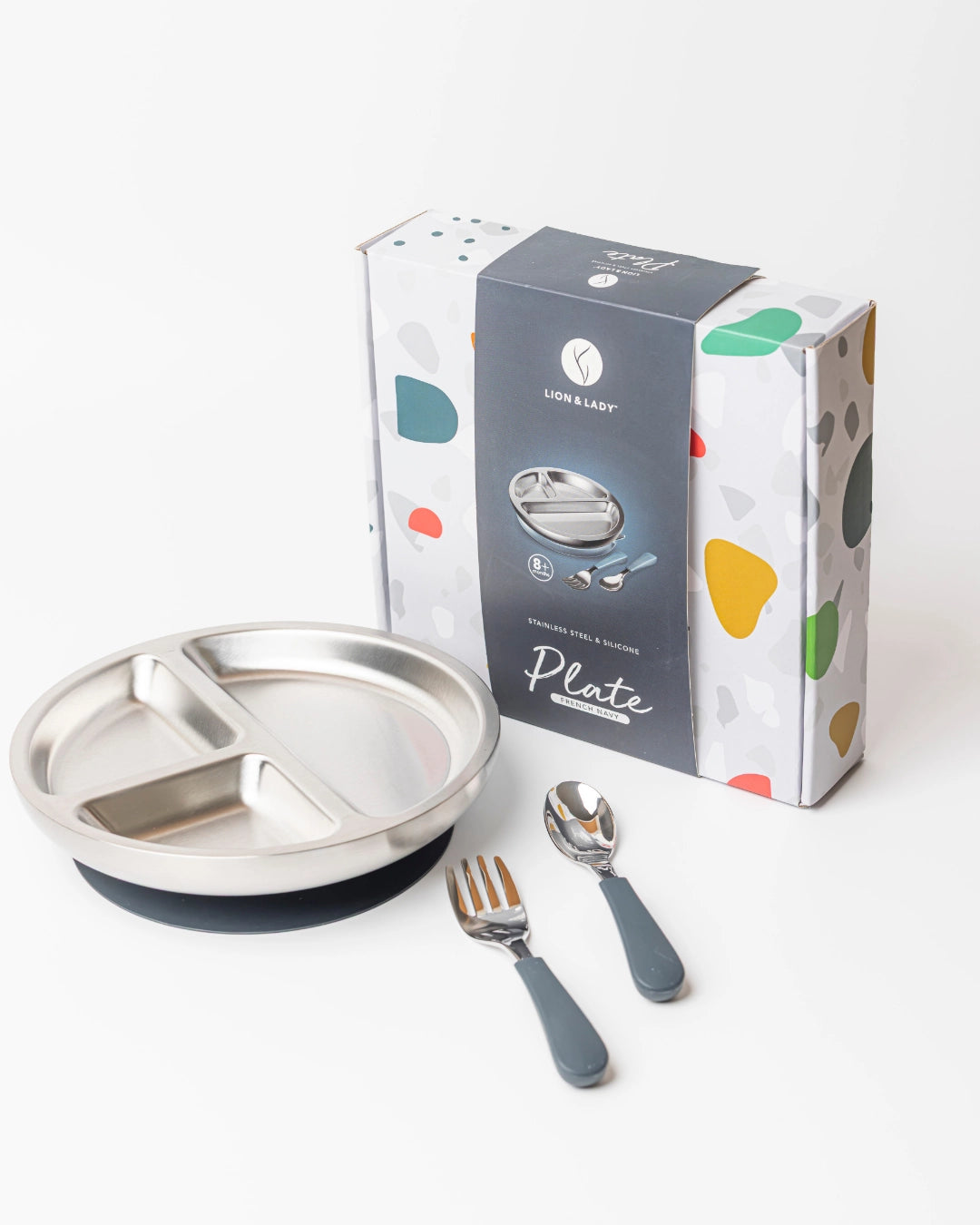 18/8 Stainless Toddler Plate with silicone suction base, spoon and fork: French Navy