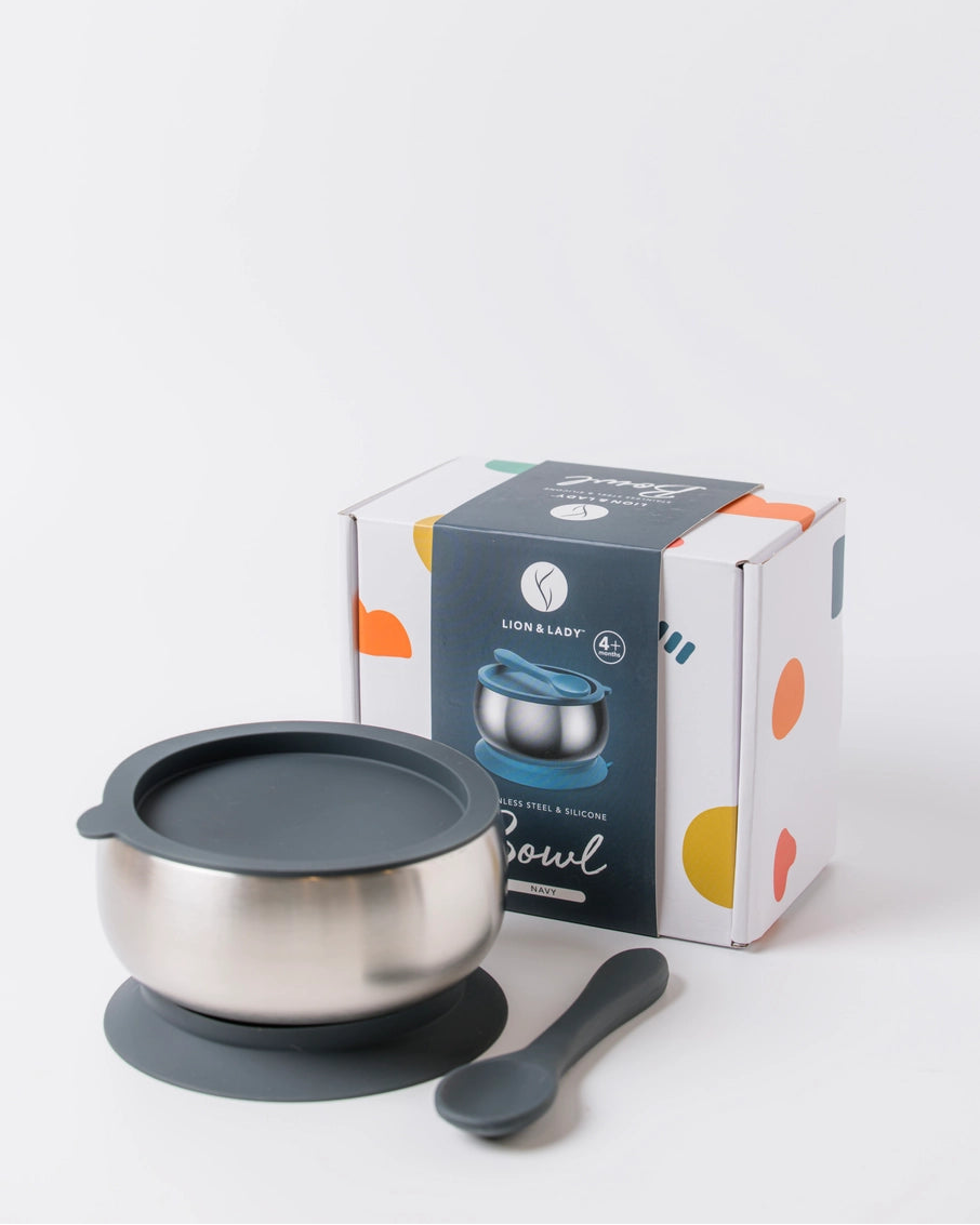 18/8 Stainless Steel Feeding Bowl with silicone suction base: French Navy