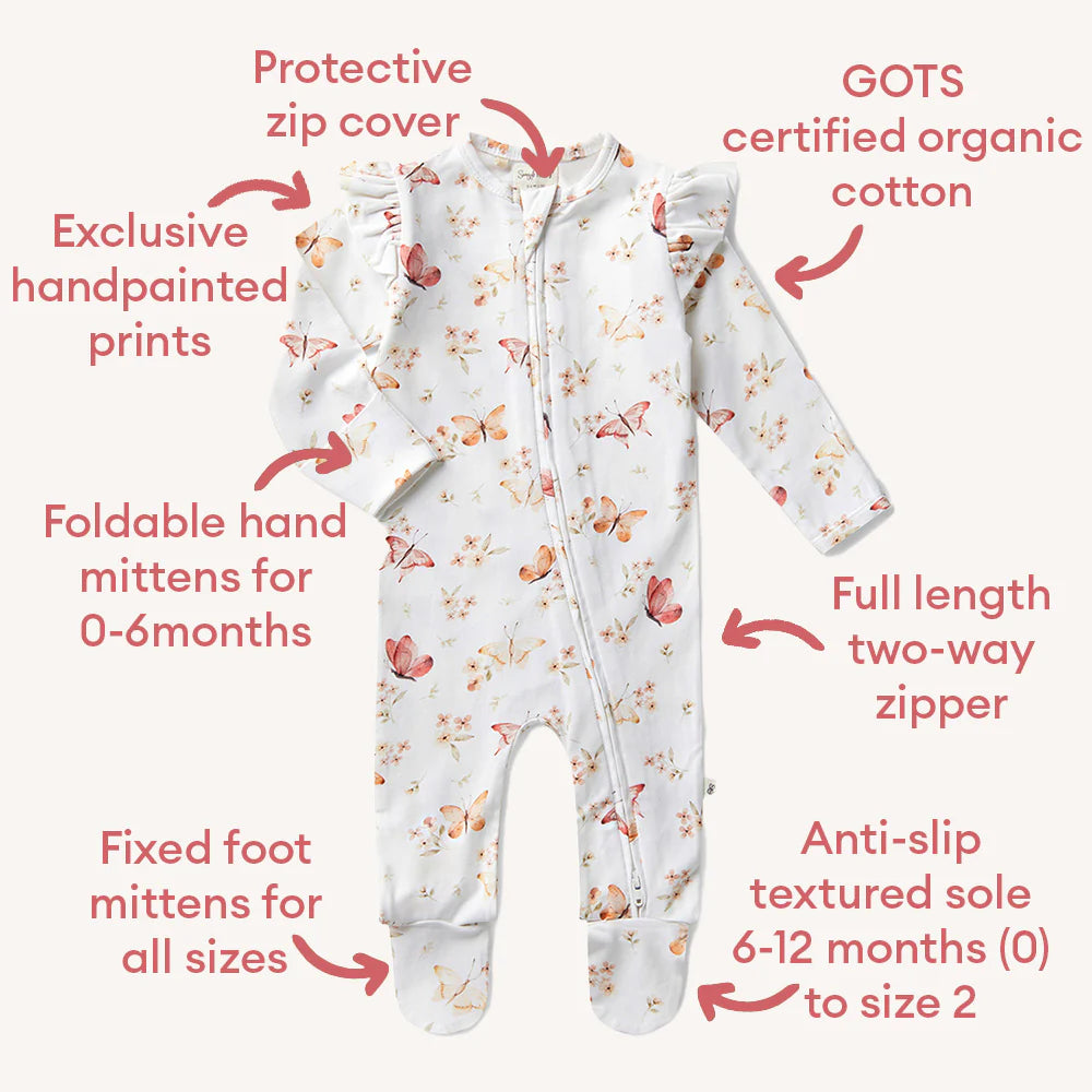 Butterfly Organic Snuggle Sleepsuit Zip Footie with Frill
