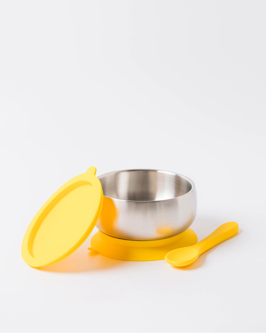 18/8 Stainless Steel Feeding Bowl with silicone suction base: Buttercup Yellow