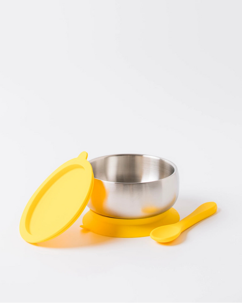 18/8 Stainless Steel Feeding Bowl with silicone suction base: Buttercup Yellow