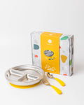 18/8 Stainless Toddler Plate with silicone suction base, spoon and fork: Buttercup Yellow