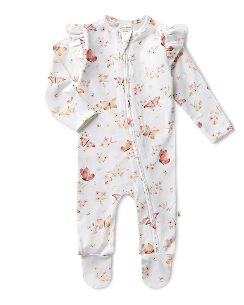 Baby onesie with butterfly pattern on a white background